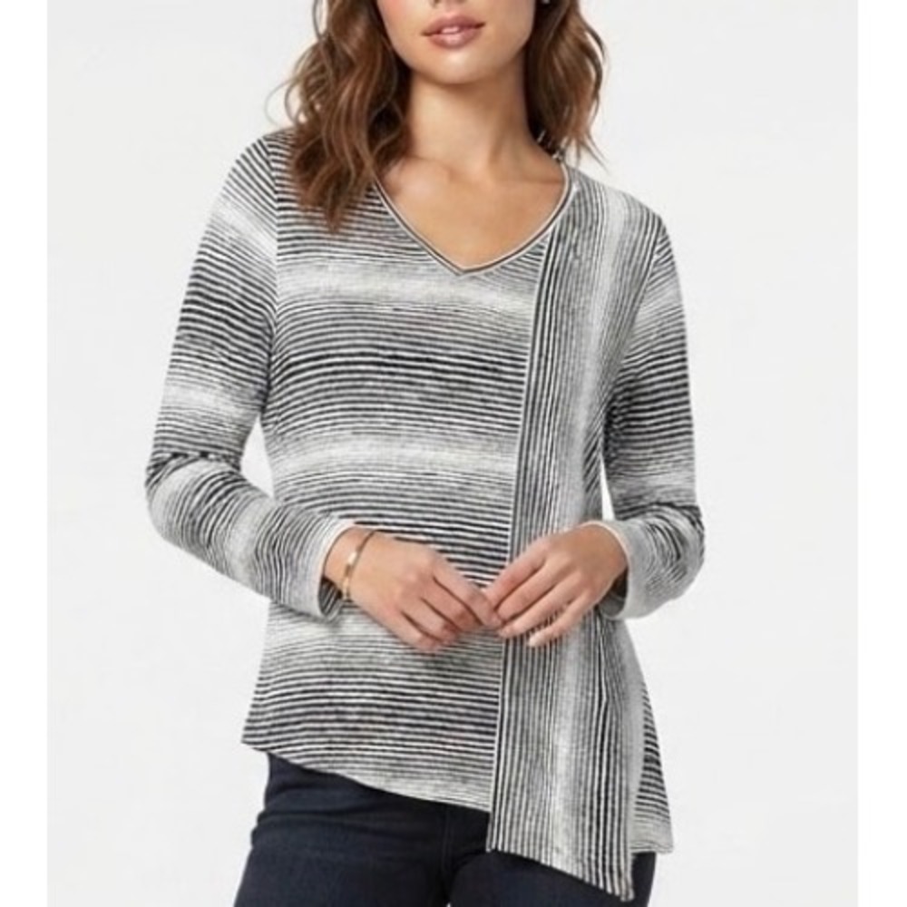 Habitat Clothes to Live In Womens Black White Striped Asymmetrical V-Neck Top M